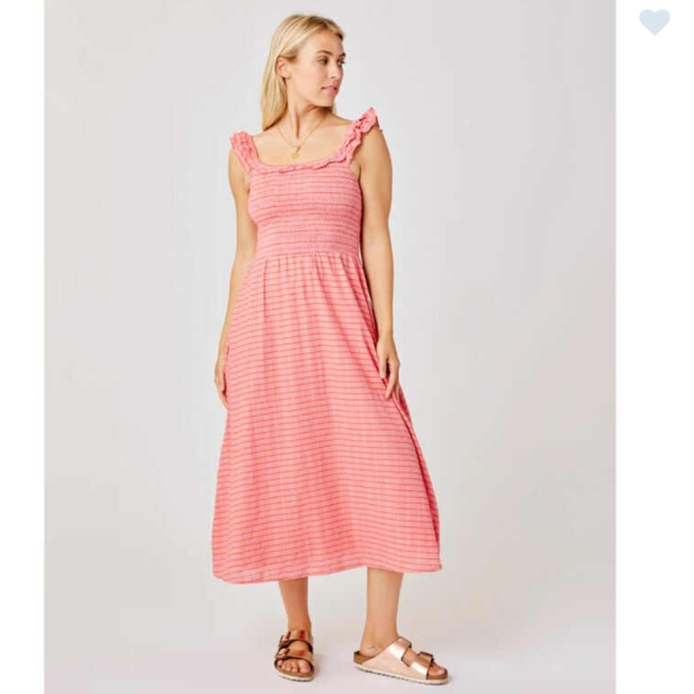 Pink Striped Smocked Midi Dress with Ruffle Straps